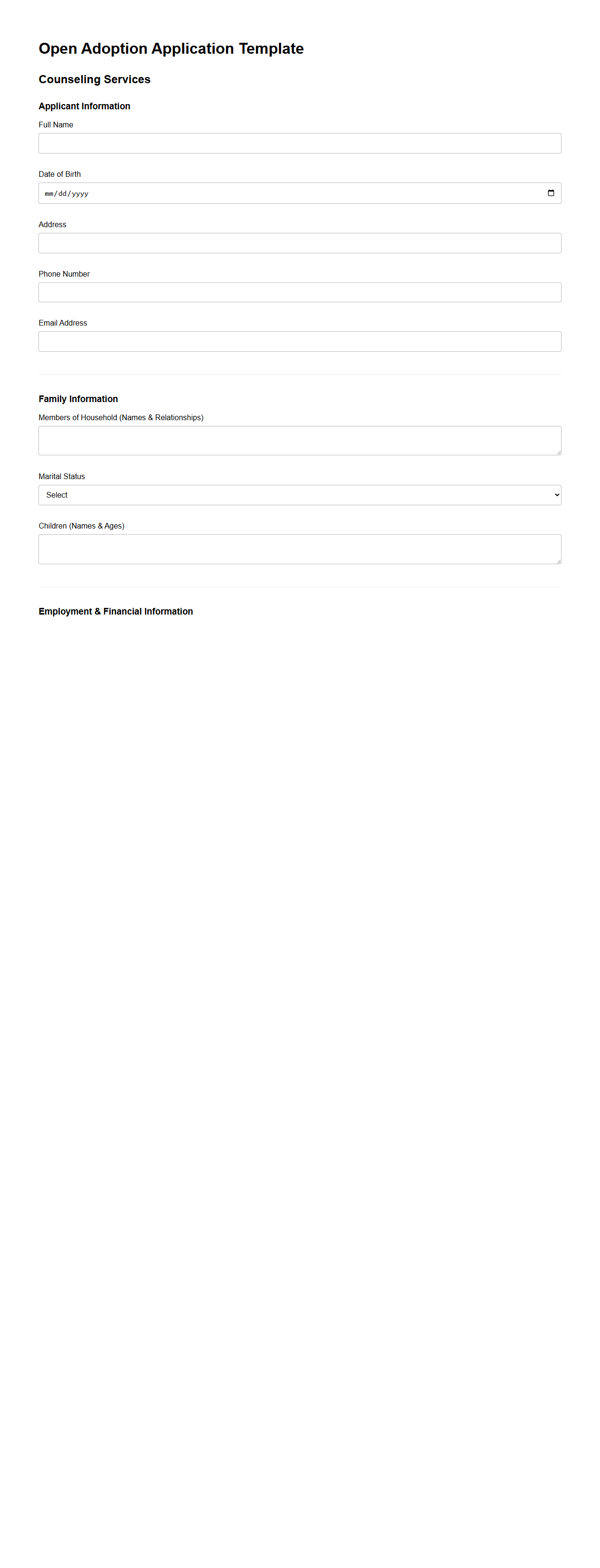 Blank Open Adoption Application Template for Counseling Services