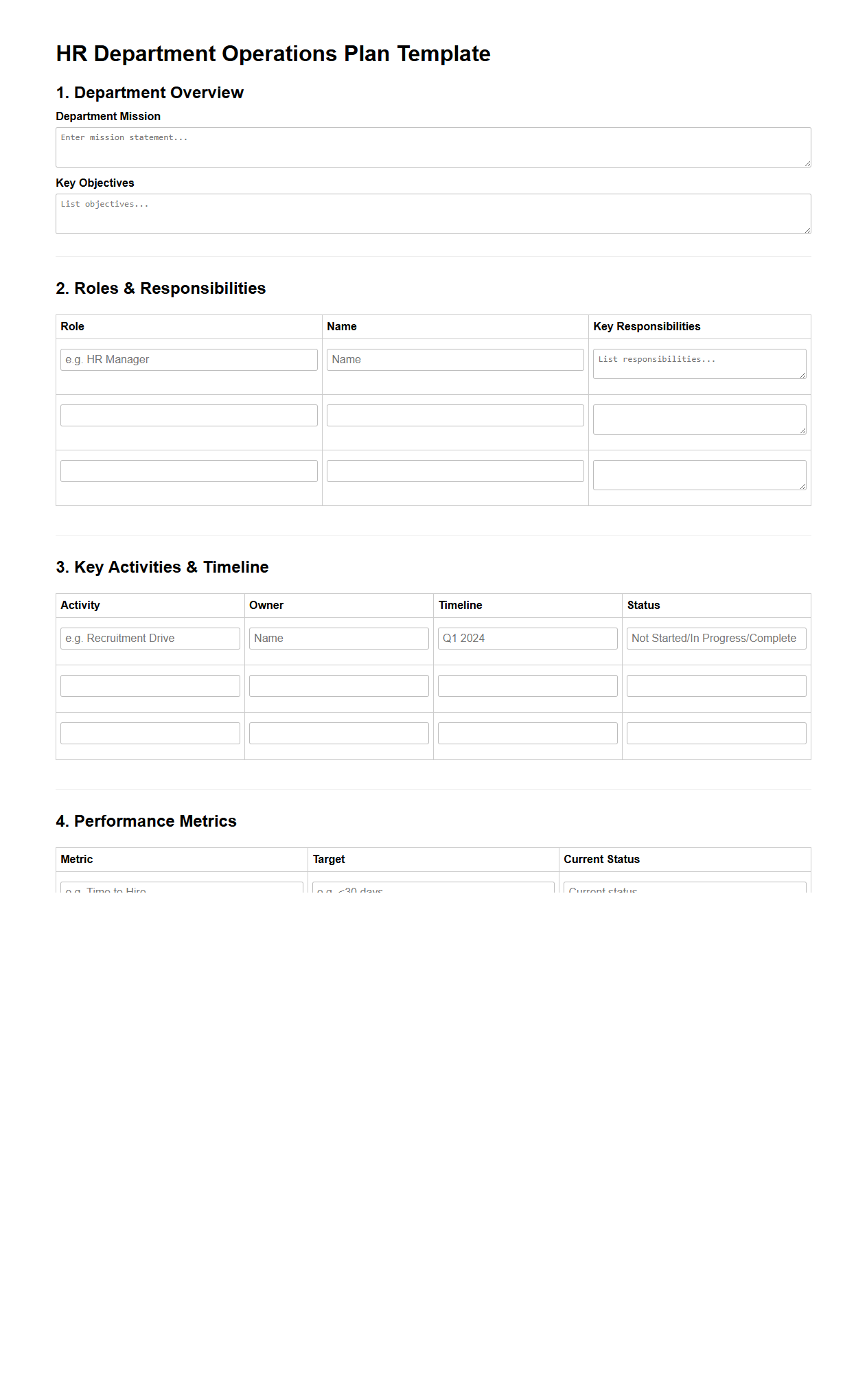 Blank Operations Plan Template for HR Department