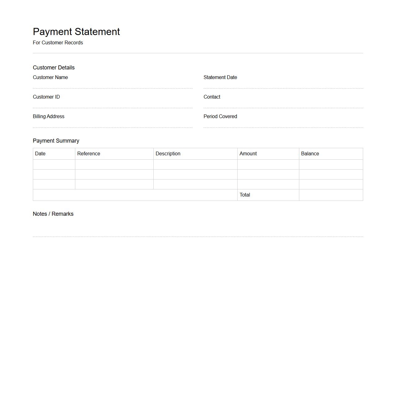 Blank Payment Statement Template for Customer Records