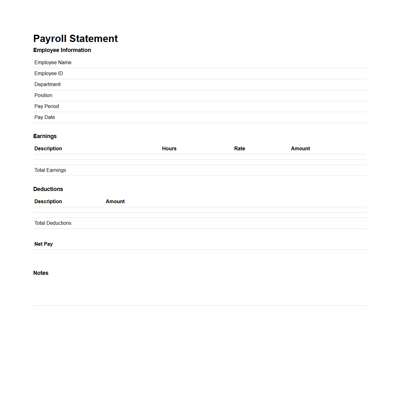 Blank Payroll Statement Template