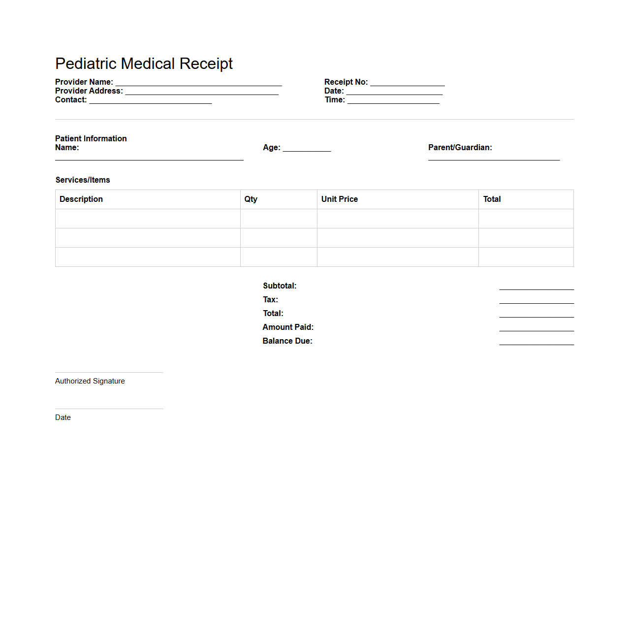 Blank Pediatric Medical Receipt Template