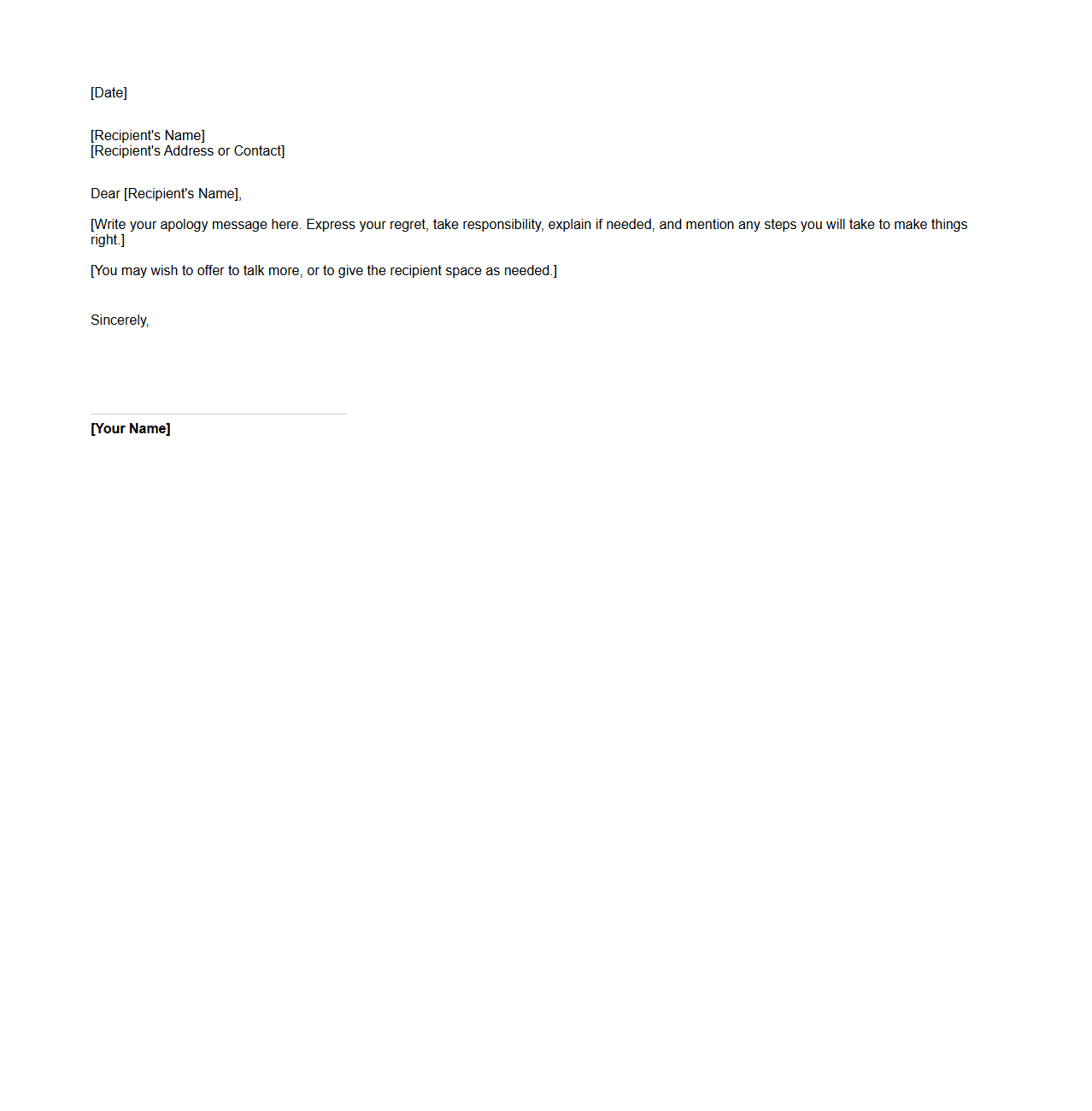 Blank Personal Apology Letter Layout