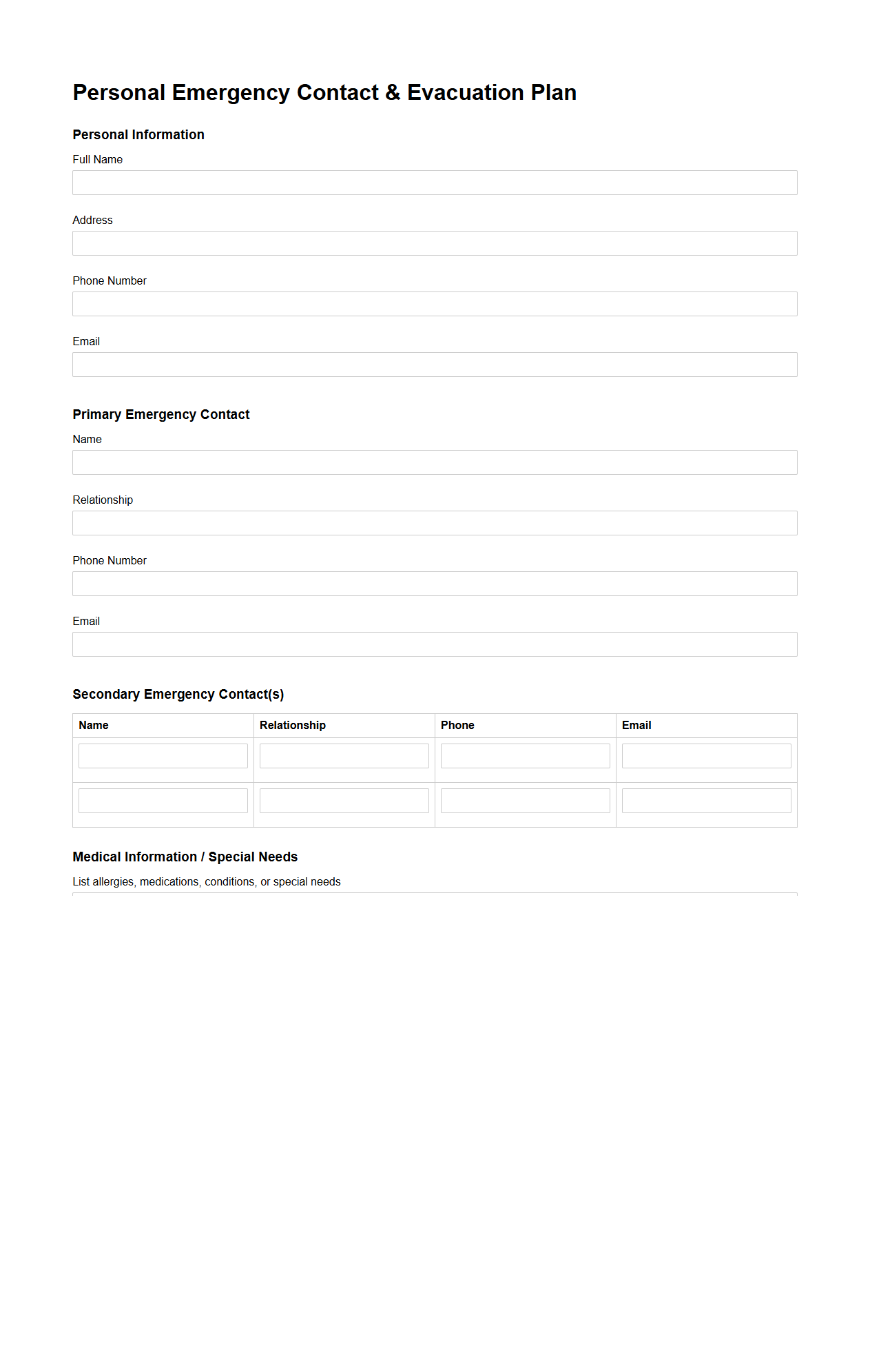 Blank Personal Emergency Contact & Evacuation Plan