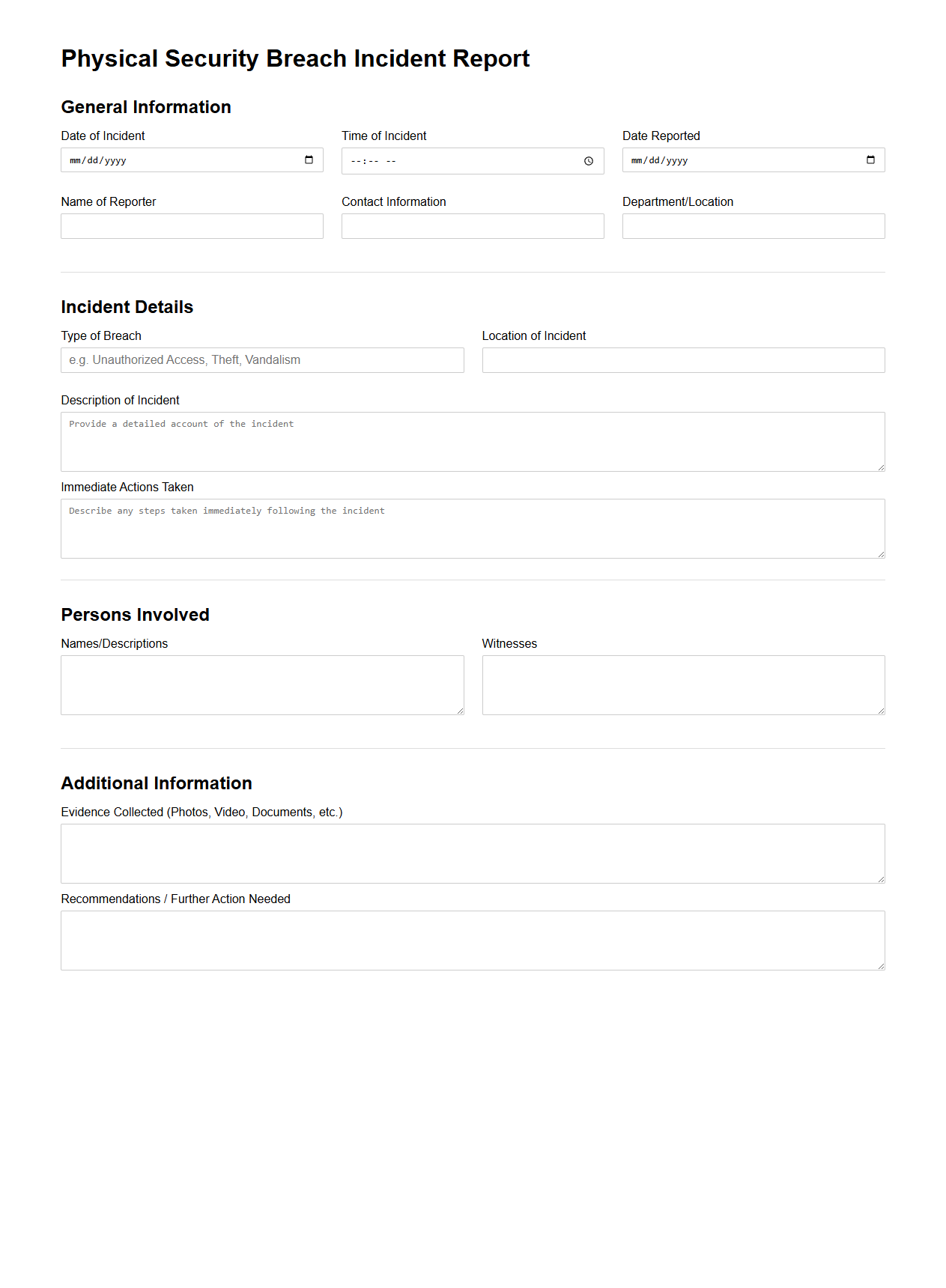 Blank Physical Security Breach Incident Report Template