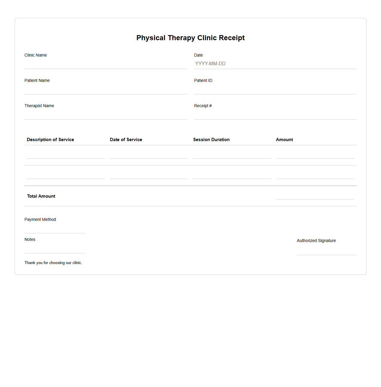 Blank Physical Therapy Clinic Receipt Template