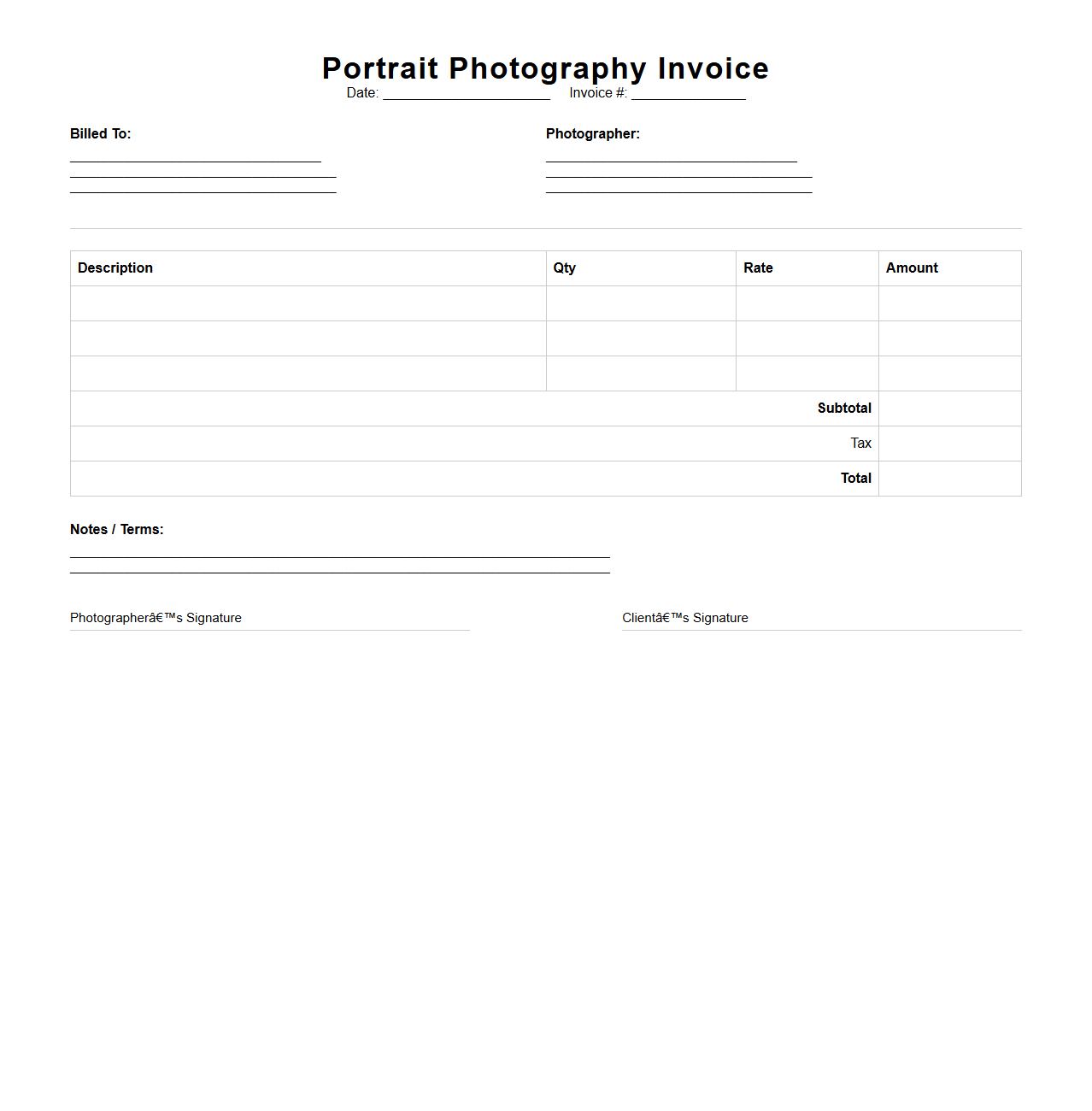 Blank Portrait Photography Invoice Template