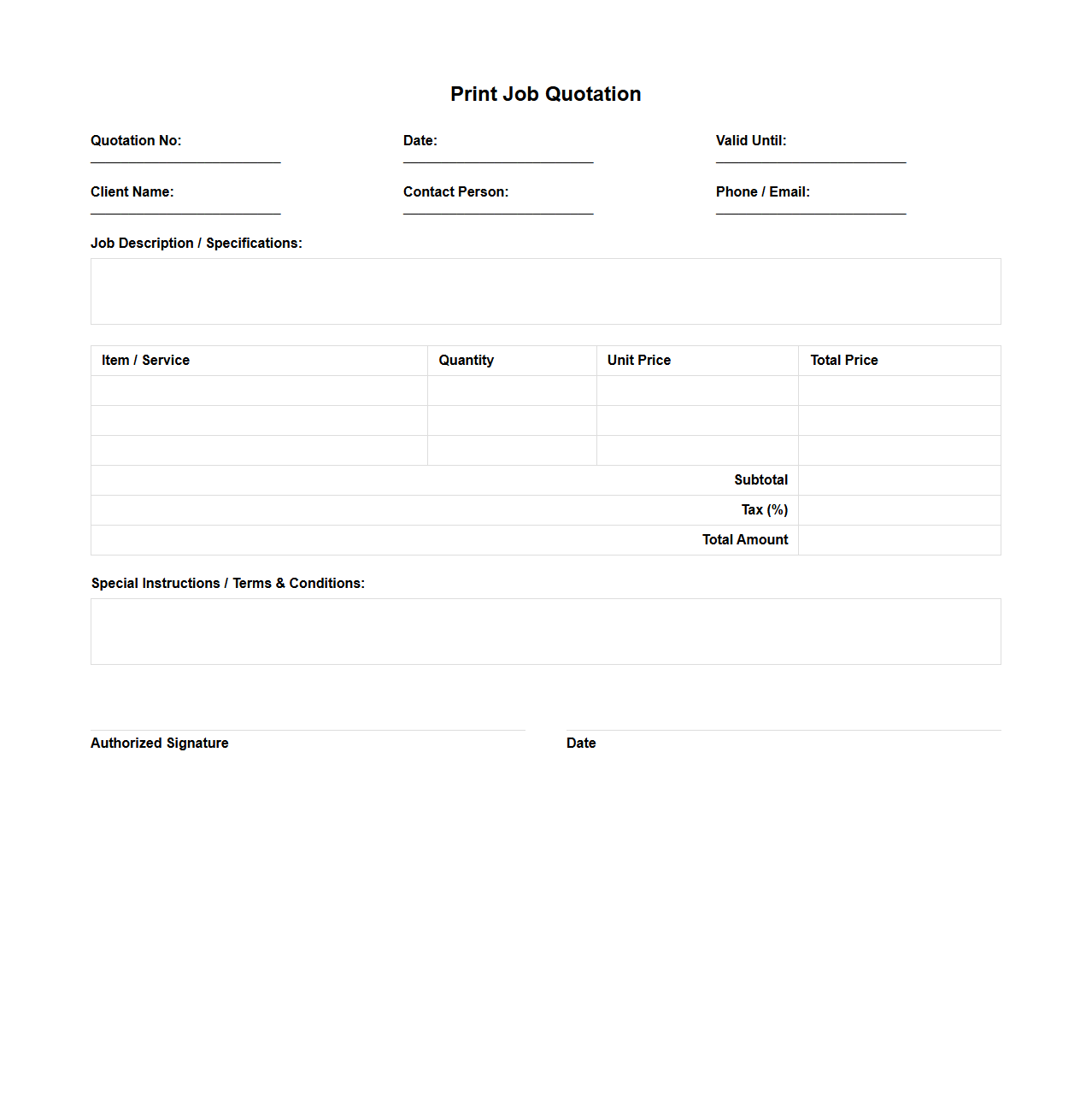 Blank Print Job Quotation Document