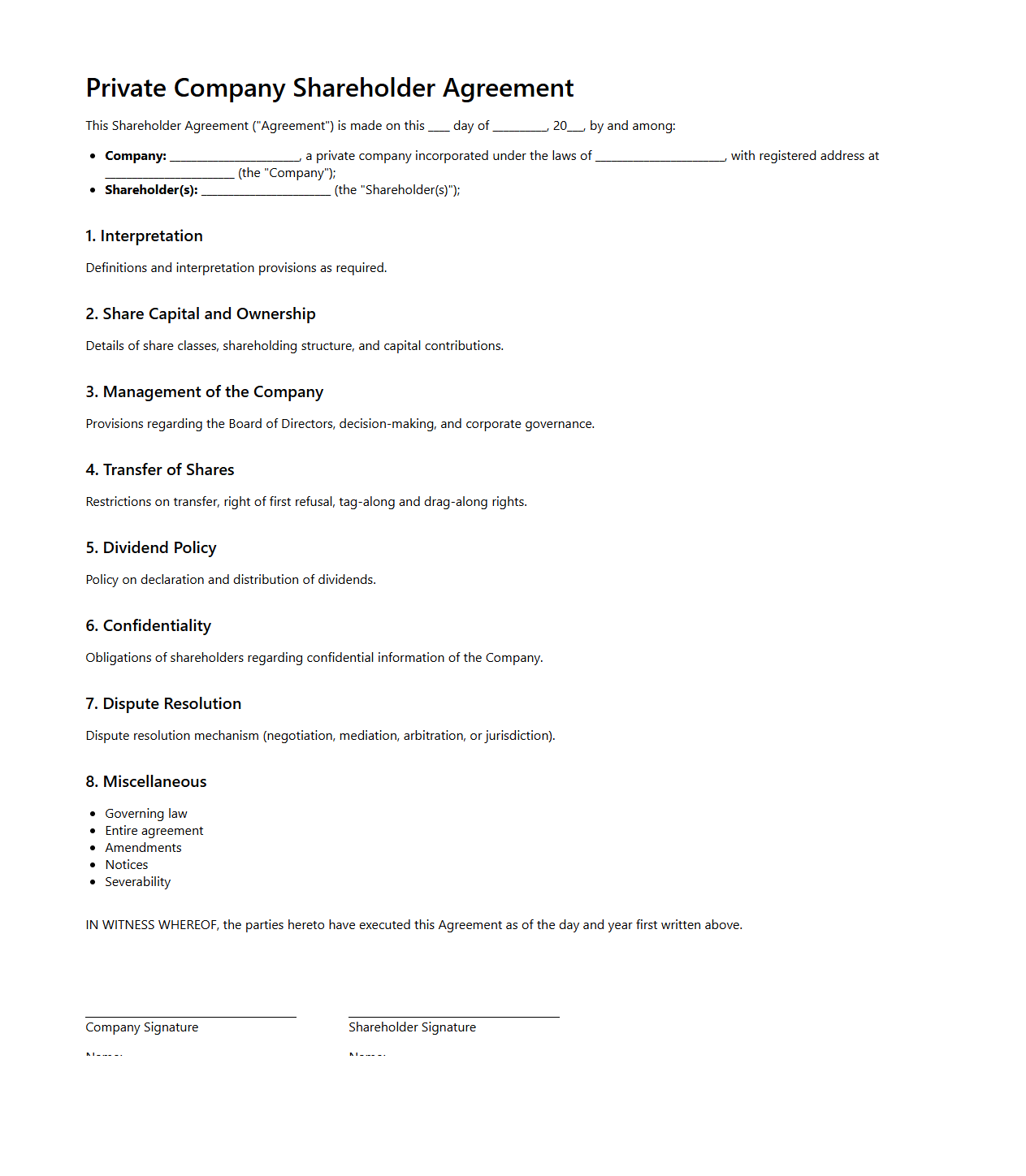 Blank Private Company Shareholder Agreement