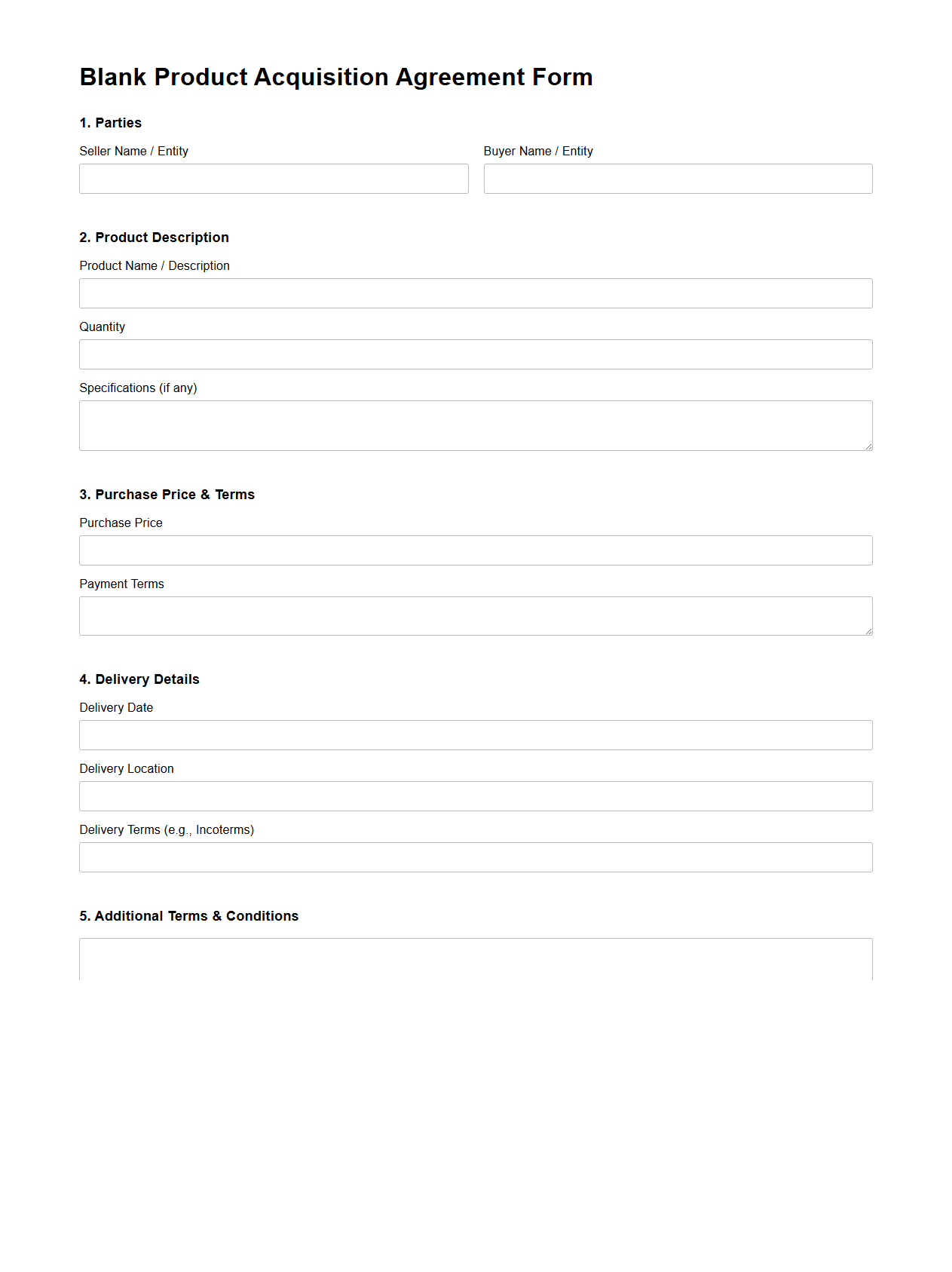 Blank Product Acquisition Agreement Form