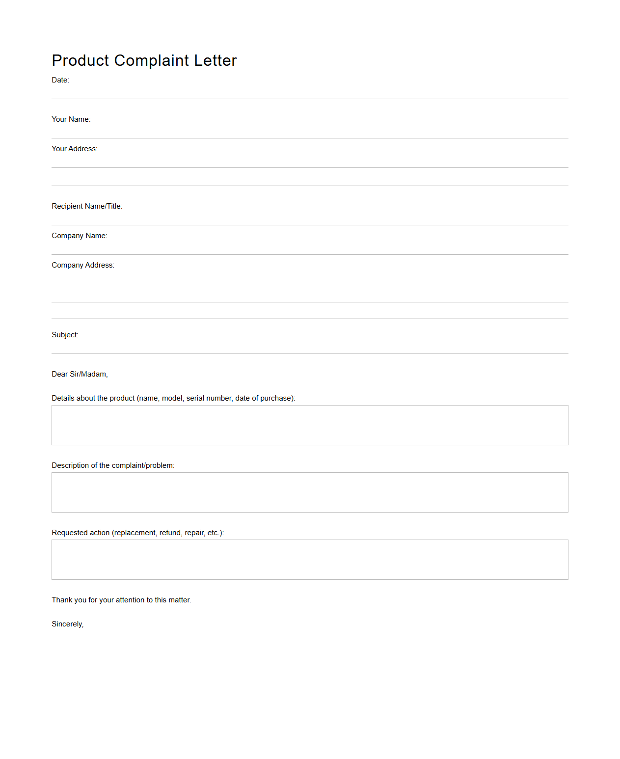 Blank Product Complaint Letter Layout