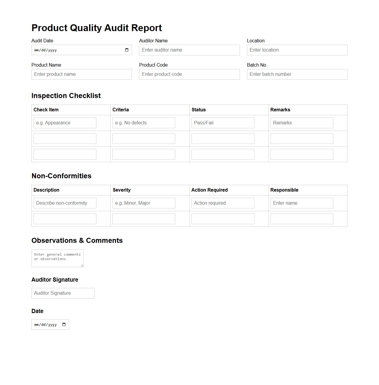 Blank Product Quality Audit Report