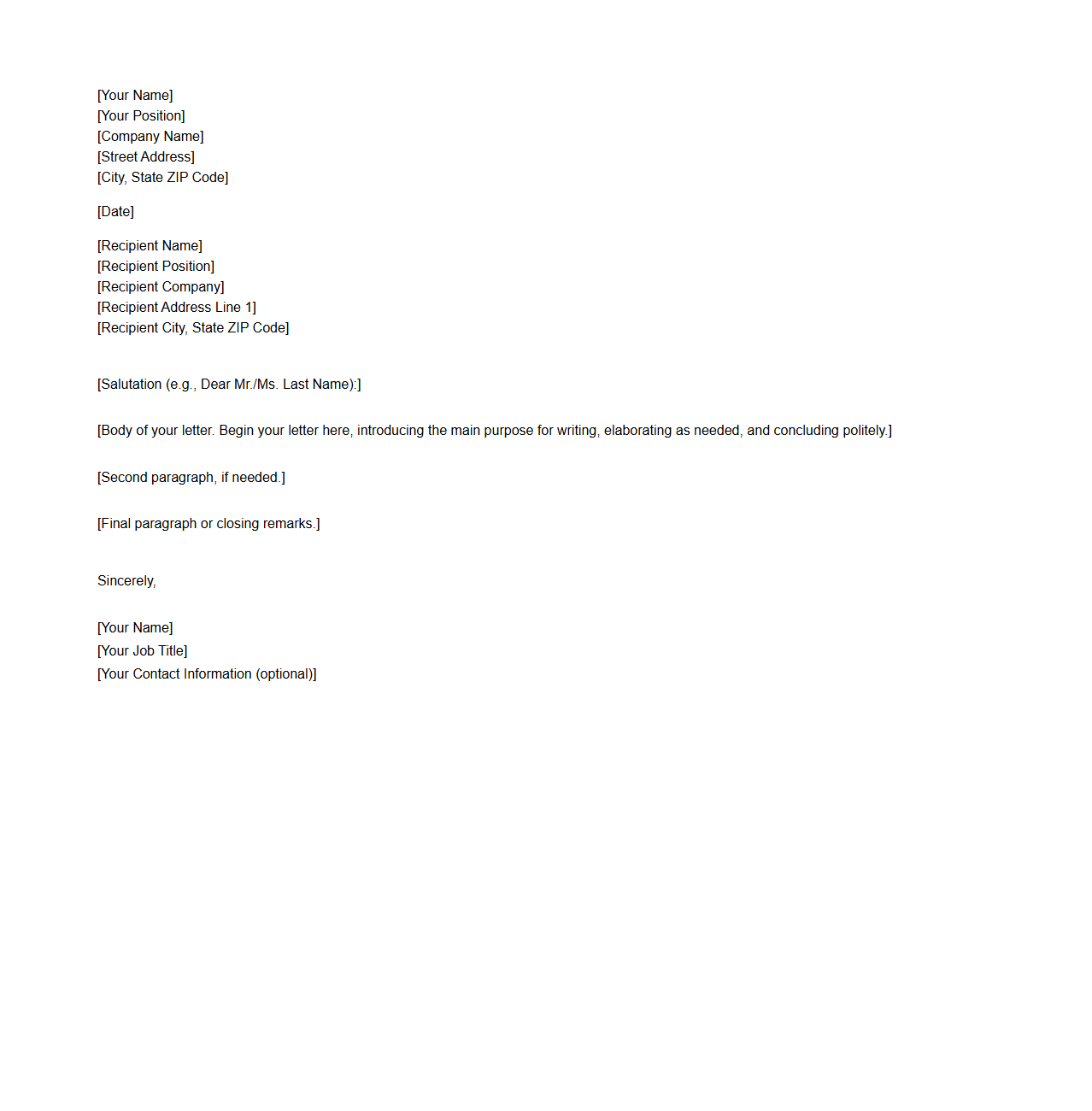 Blank Professional Letter Layout for Workplace Letters