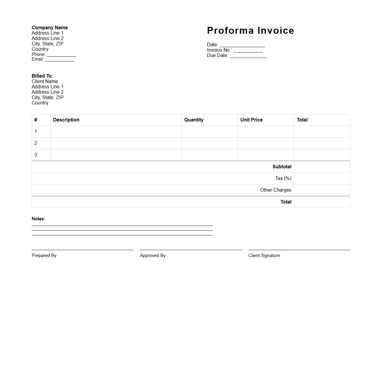 Blank Proforma Invoice Template for Accountants