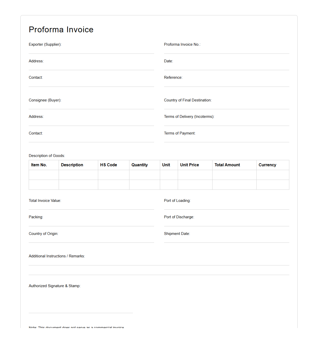 Blank Proforma Invoice Template for Export Transactions