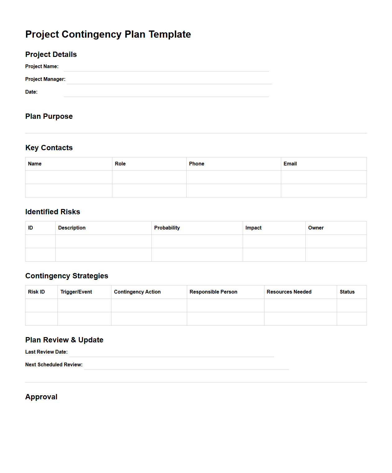 Blank Project Contingency Plan Template for Risk Management