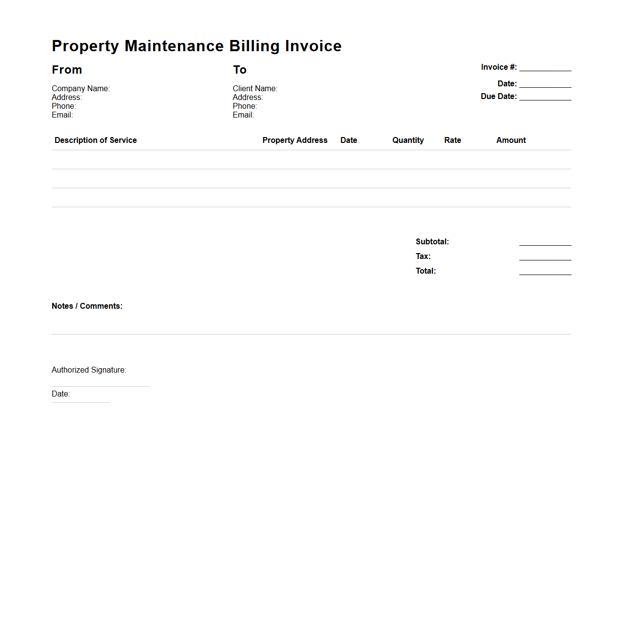 Blank Property Maintenance Billing Invoice Template