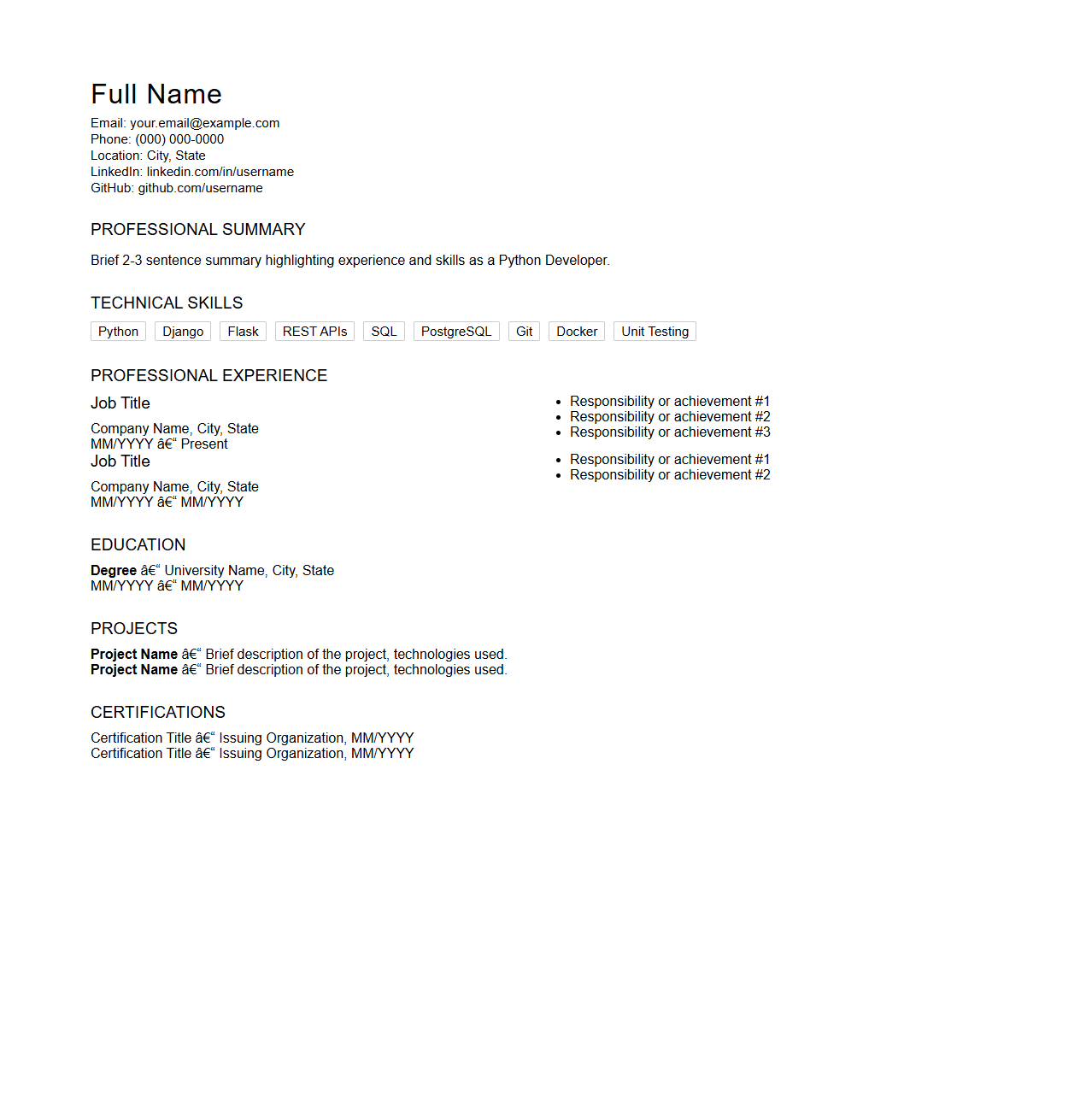 Blank Python Developer Resume Framework