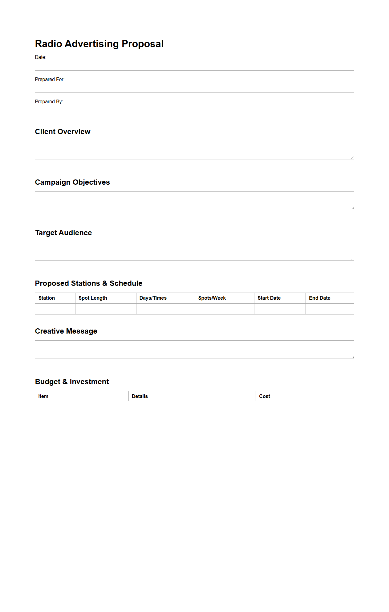 Blank Radio Advertising Proposal Template for Agencies