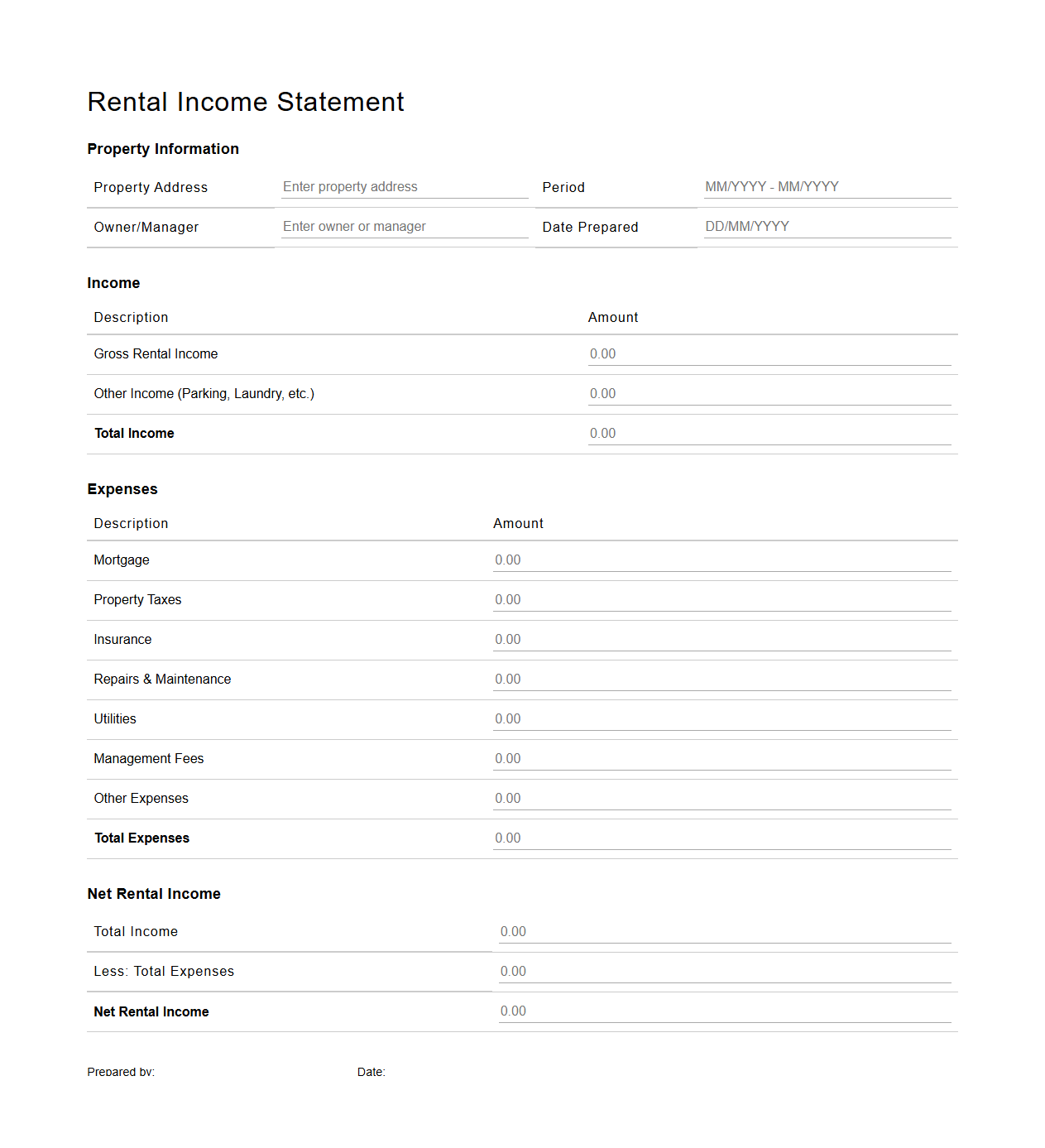 Blank Real Estate Rental Income Statement Template