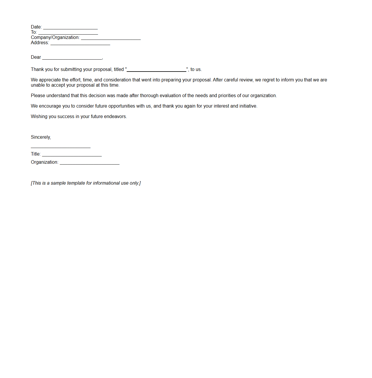 Blank Rejection Letter Template for Turning Down Proposals
