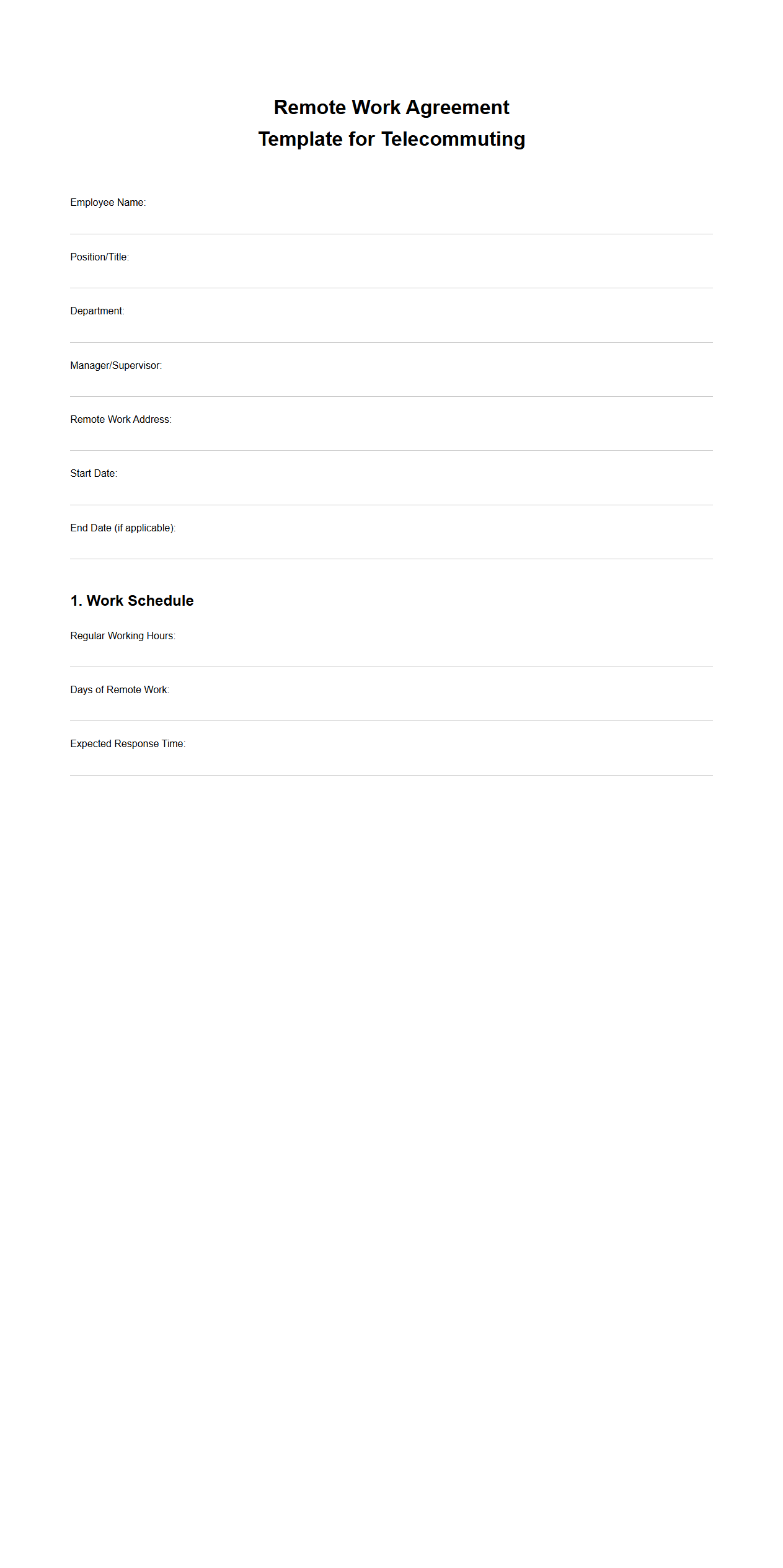 Blank Remote Work Agreement Template for Telecommuting