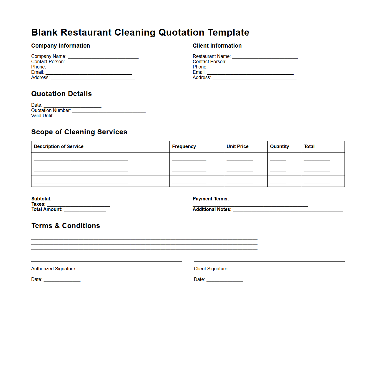 Blank Restaurant Cleaning Quotation Template for Food Service Establishments