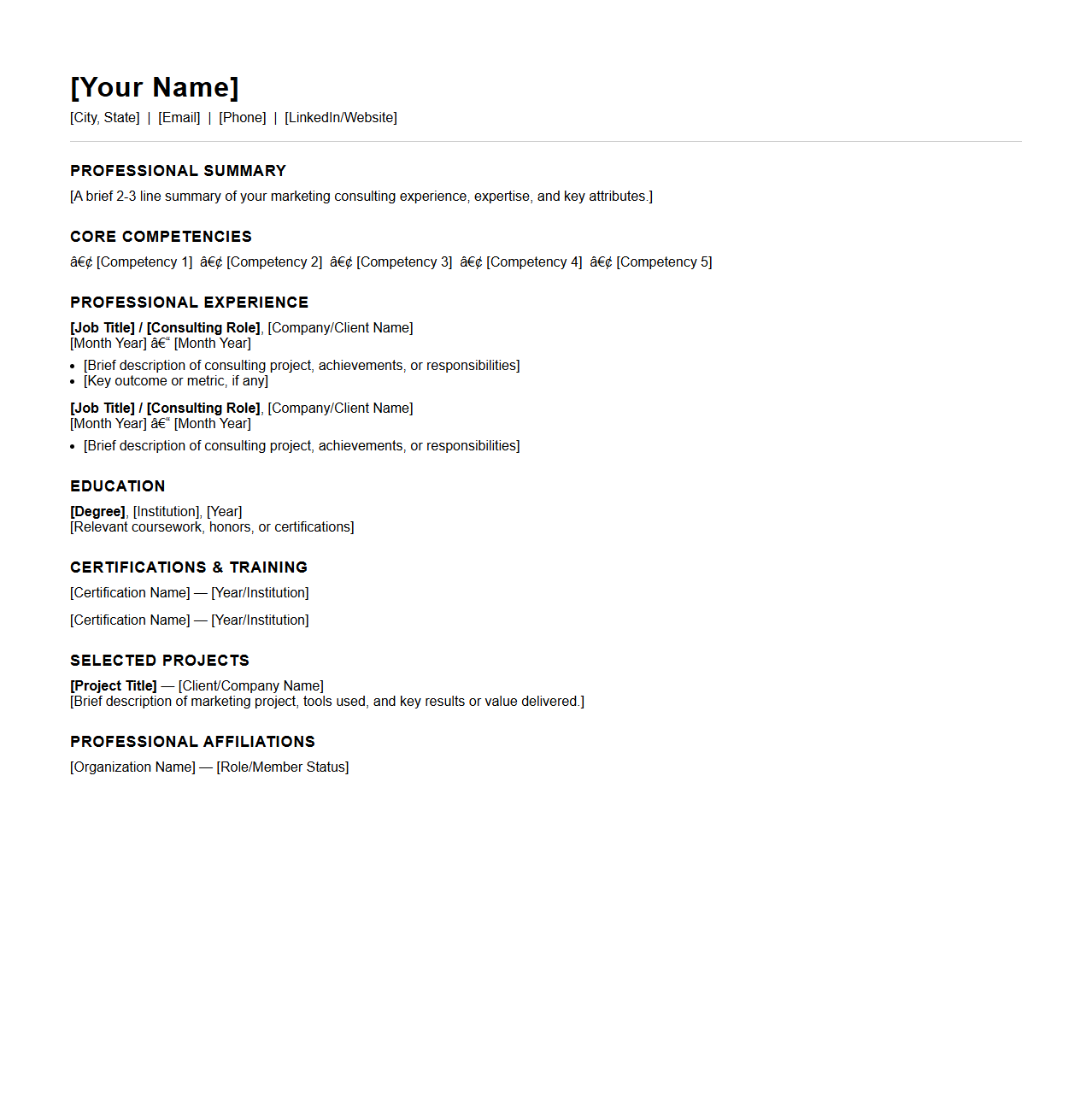 Blank Resume Framework for Marketing Consultants