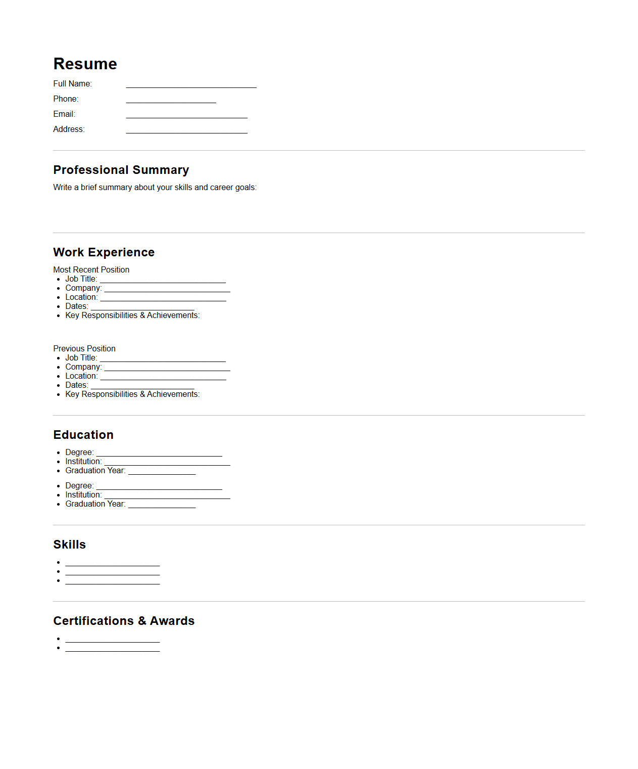 Blank Resume Outline for Job Interviews