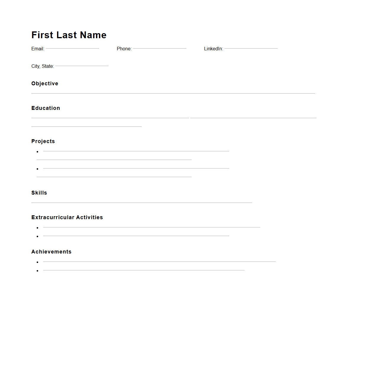 Blank Resume Template for Internships
