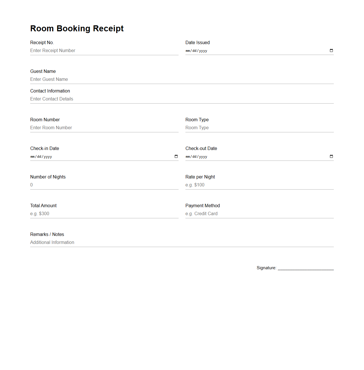 Blank Room Booking Receipt Template