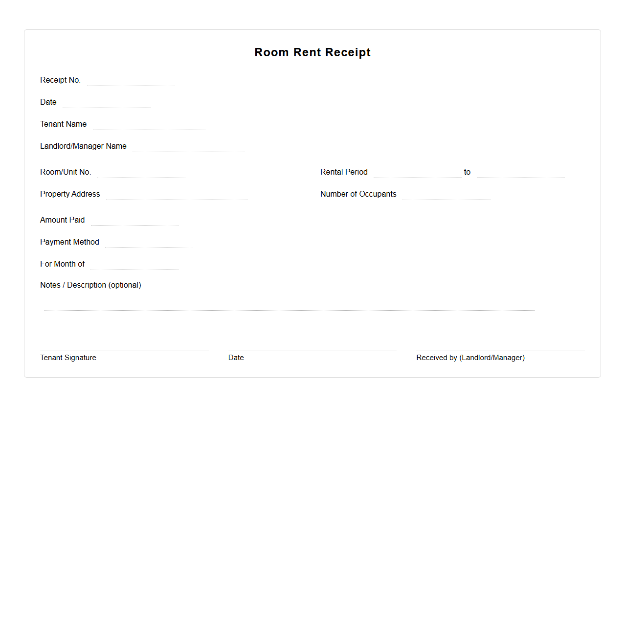 Blank Room Rent Receipt Template for Shared Housing
