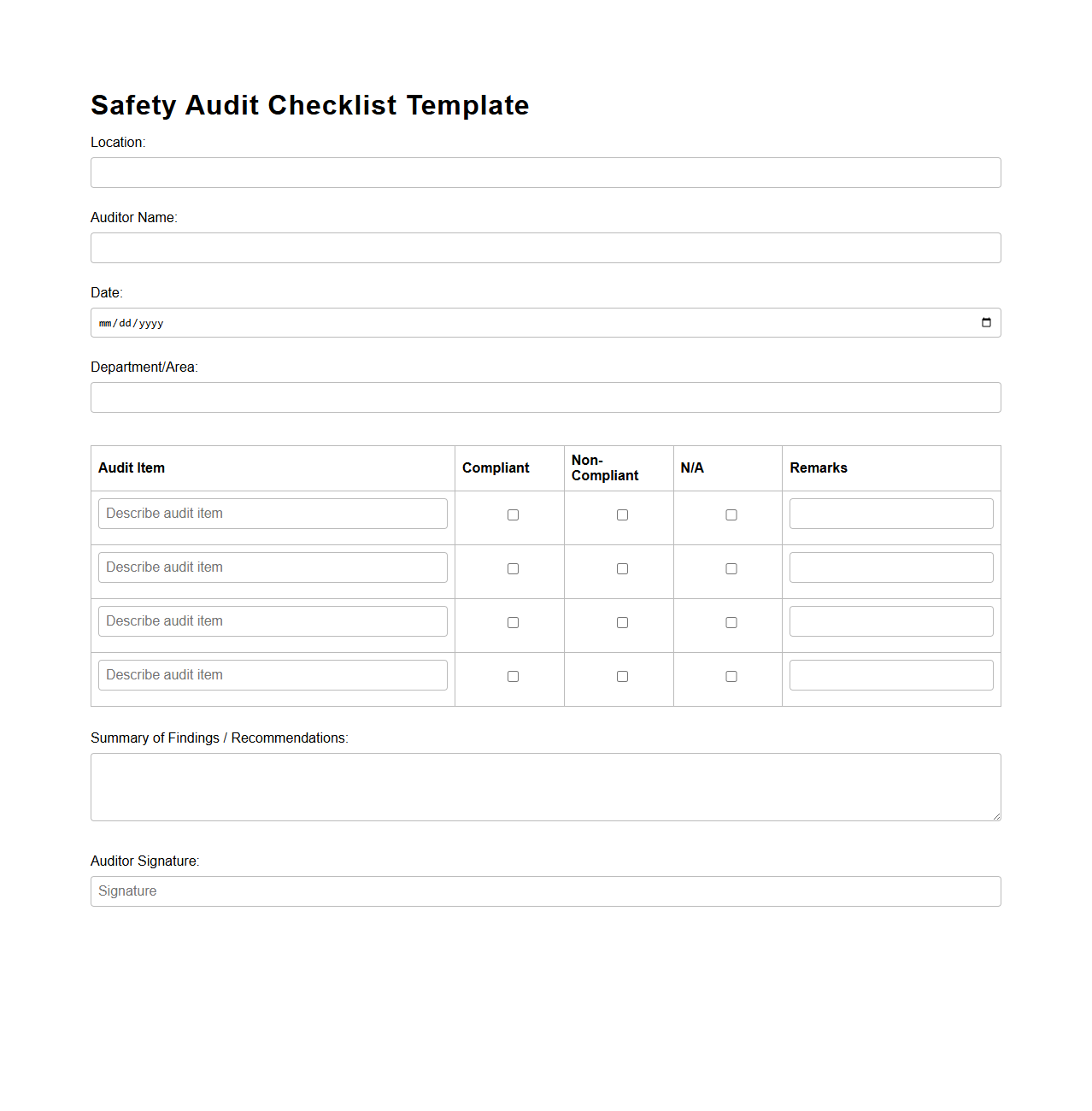 Blank Safety Audit Checklist Template for Quality Compliance