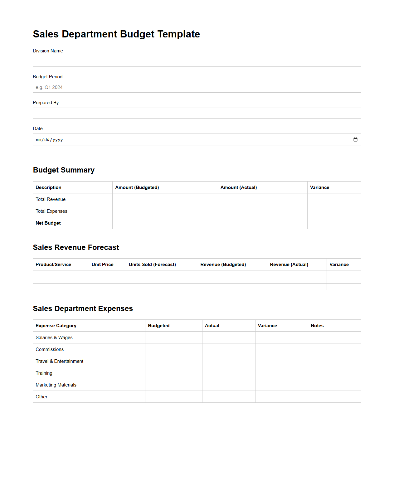 Blank Sales Department Budget Template for Corporate Divisions