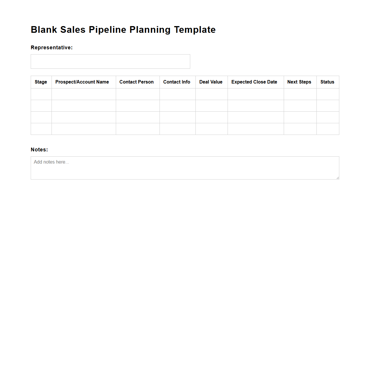 Blank Sales Pipeline Planning Template for Representatives