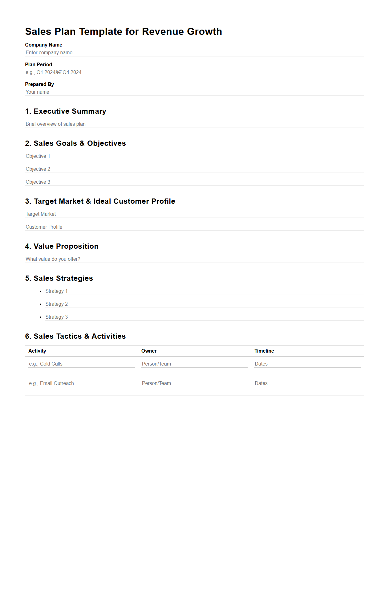 Blank Sales Plan Template for Revenue Growth