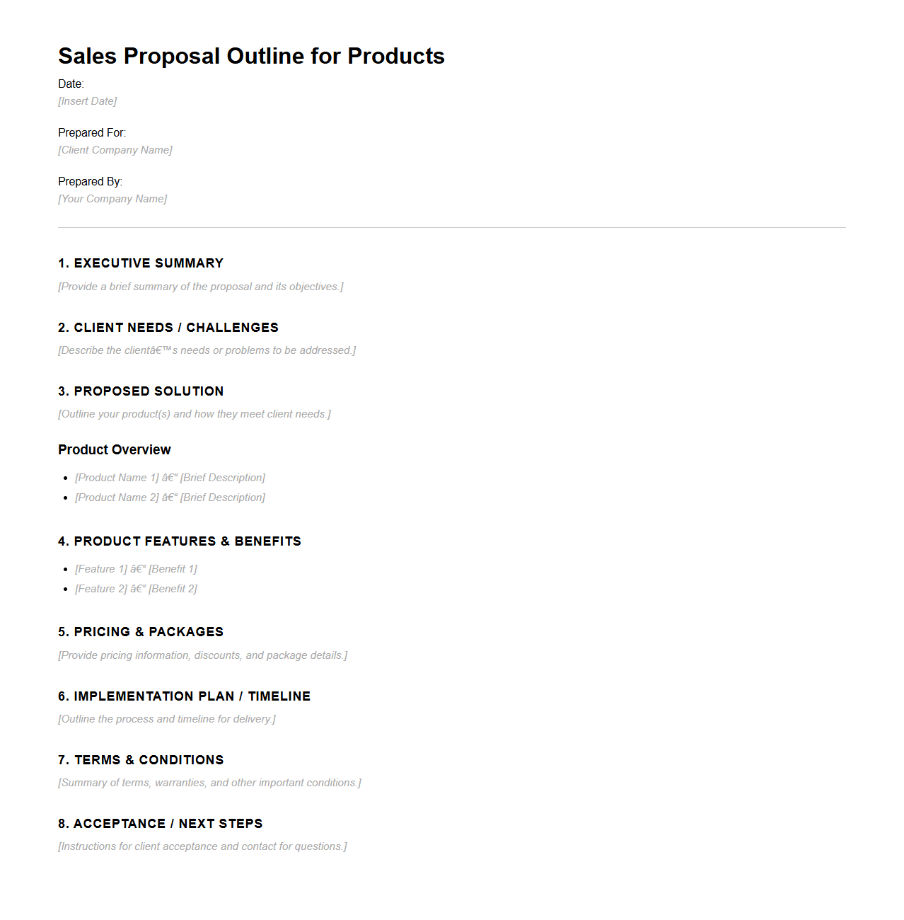Blank Sales Proposal Outline for Products