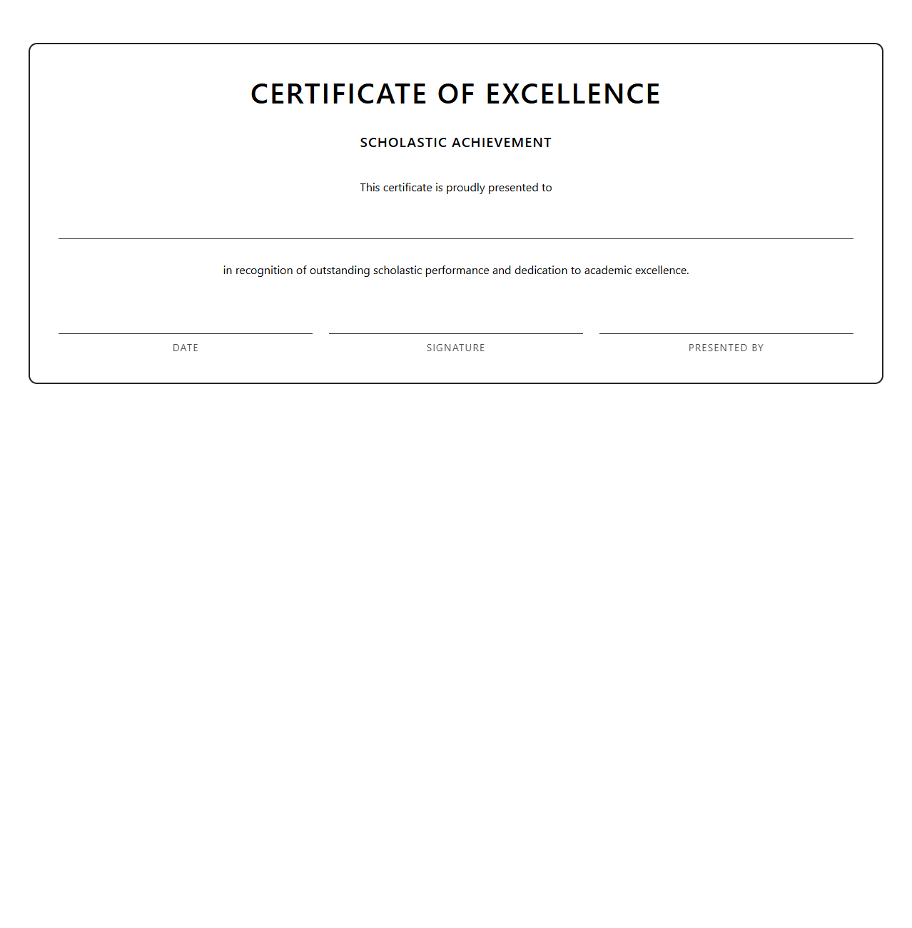 Blank Scholastic Excellence Certificate Template