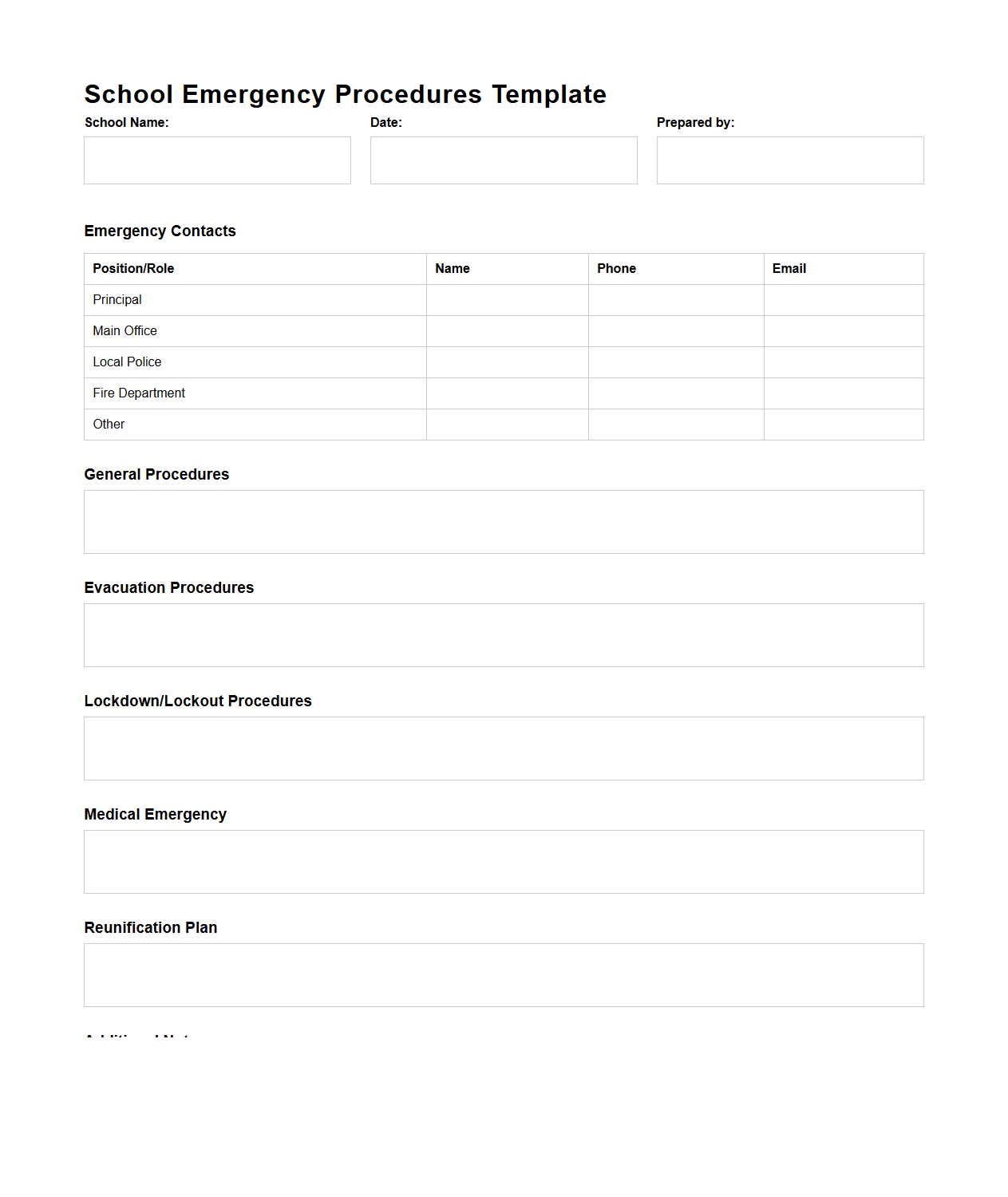 Blank School Emergency Procedures Template