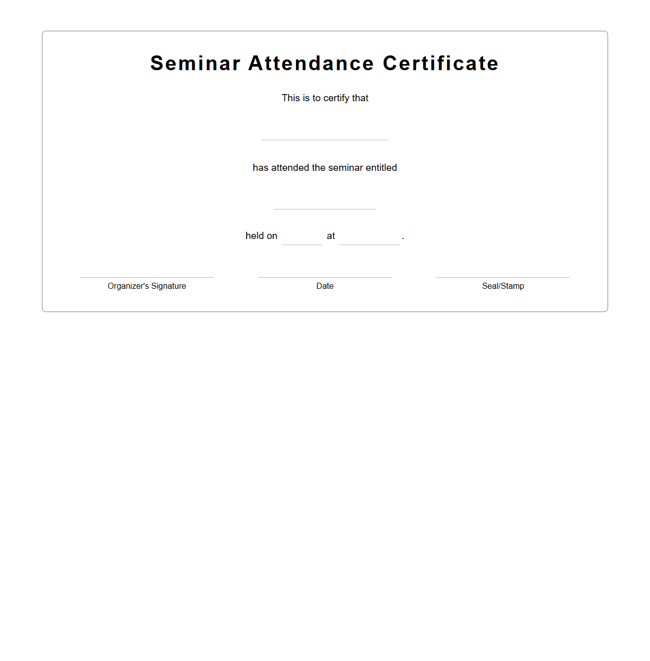 Blank Seminar Attendance Certificate Template