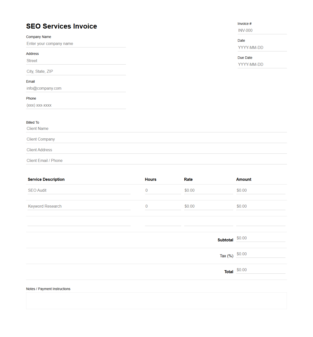 Blank SEO Services Invoice Template