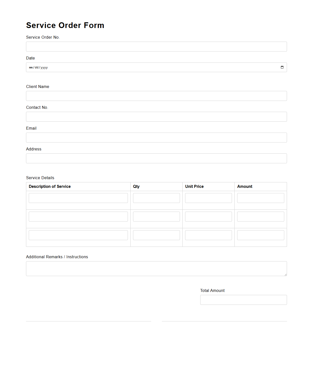 Blank Service Order Form Sheet
