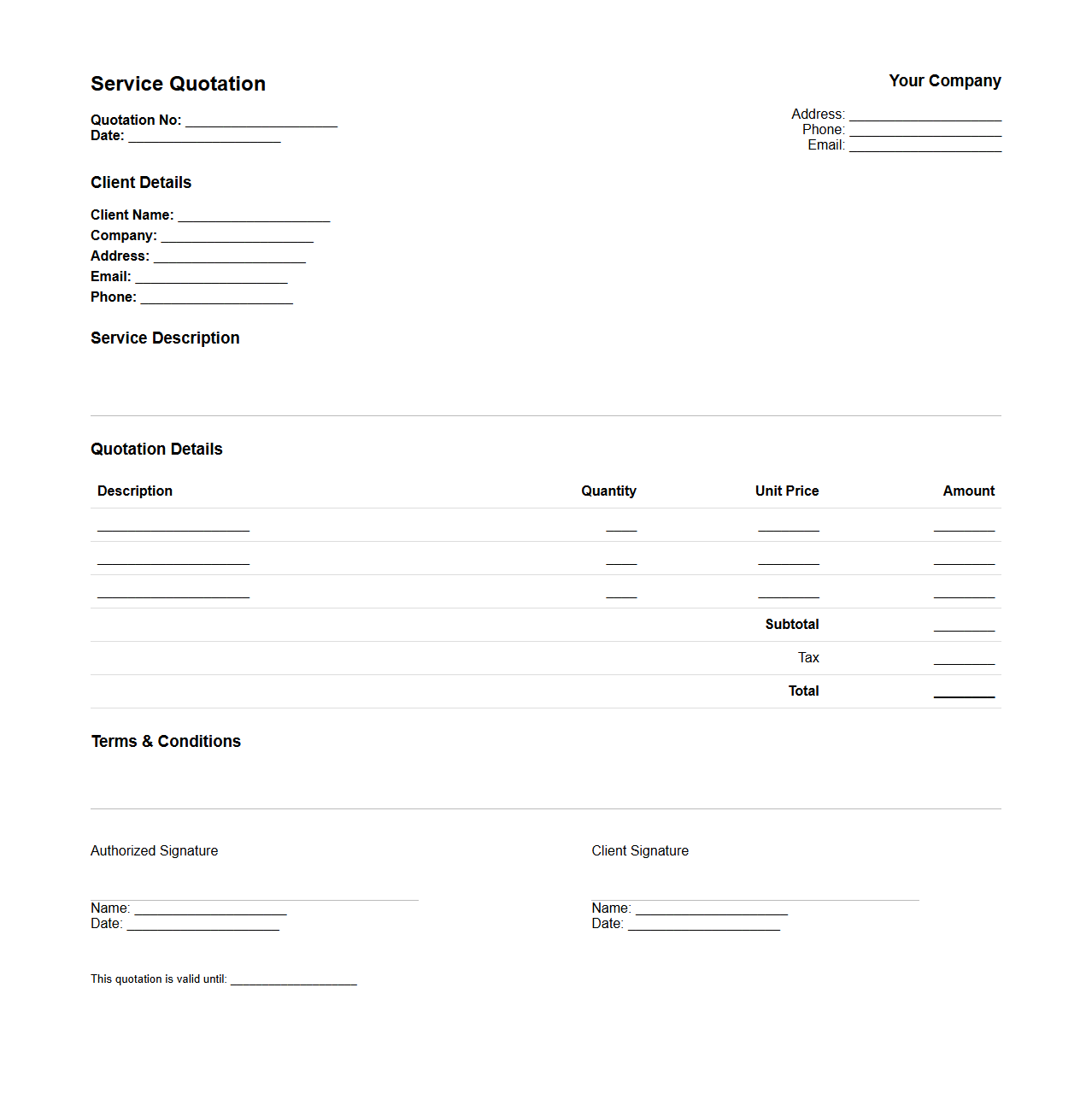Blank Service Quotation Template for Contracts