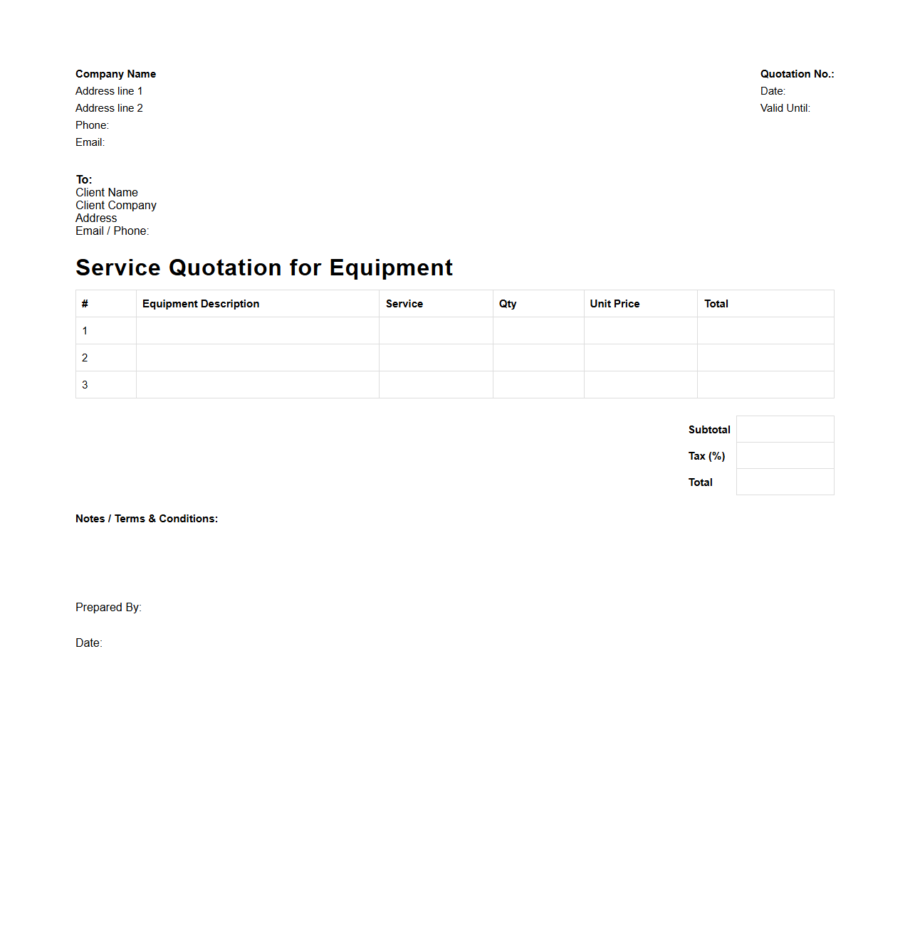 Blank Service Quotation Template for Equipment
