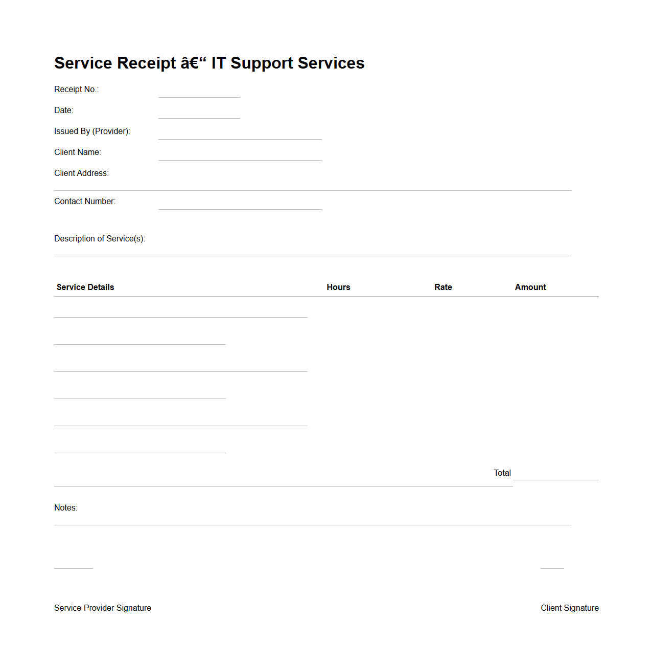 Blank Service Receipt Template for IT Support Services