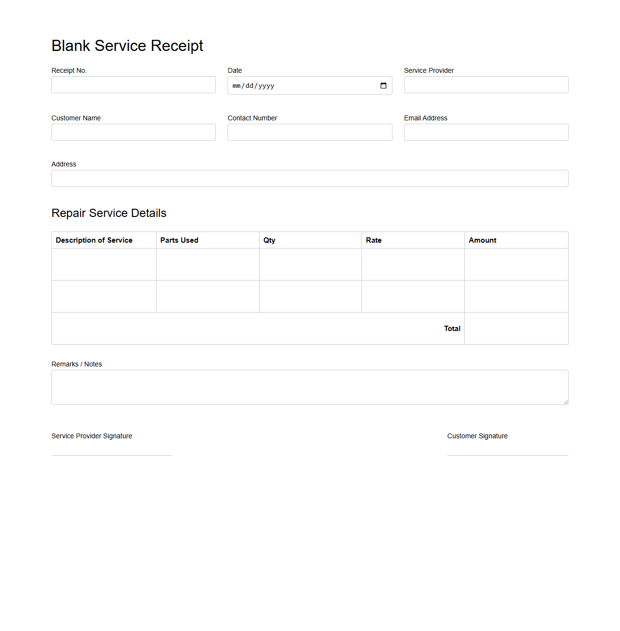 Blank Service Receipt Template for Repair Services