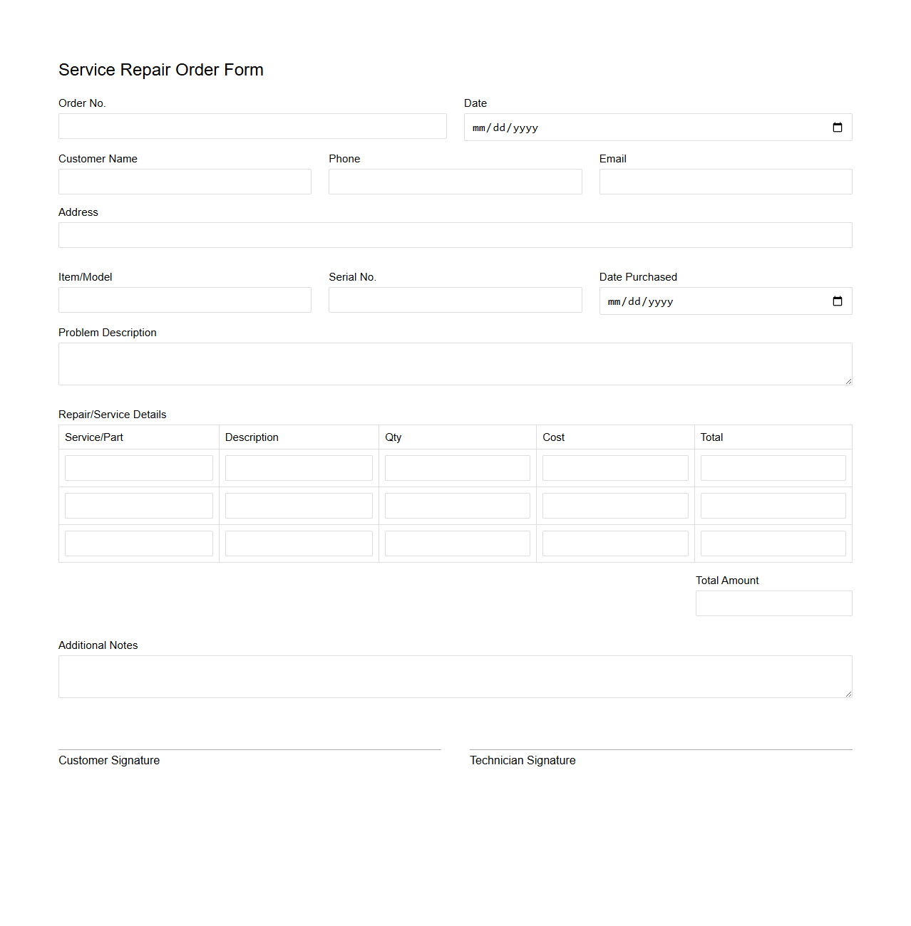 Blank Service Repair Order Form Template