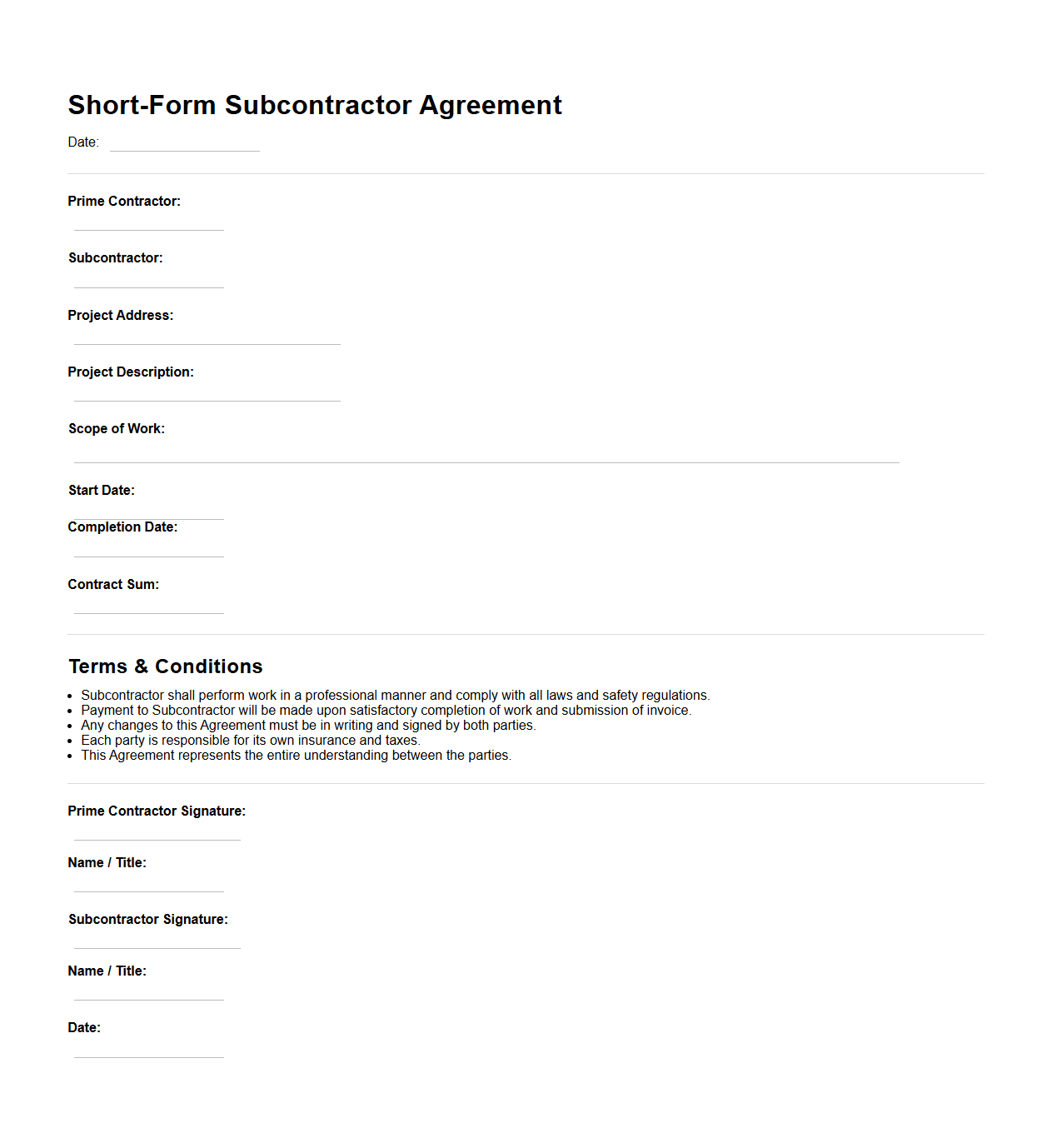 Blank Short-Form Subcontractor Agreement for Renovation Work