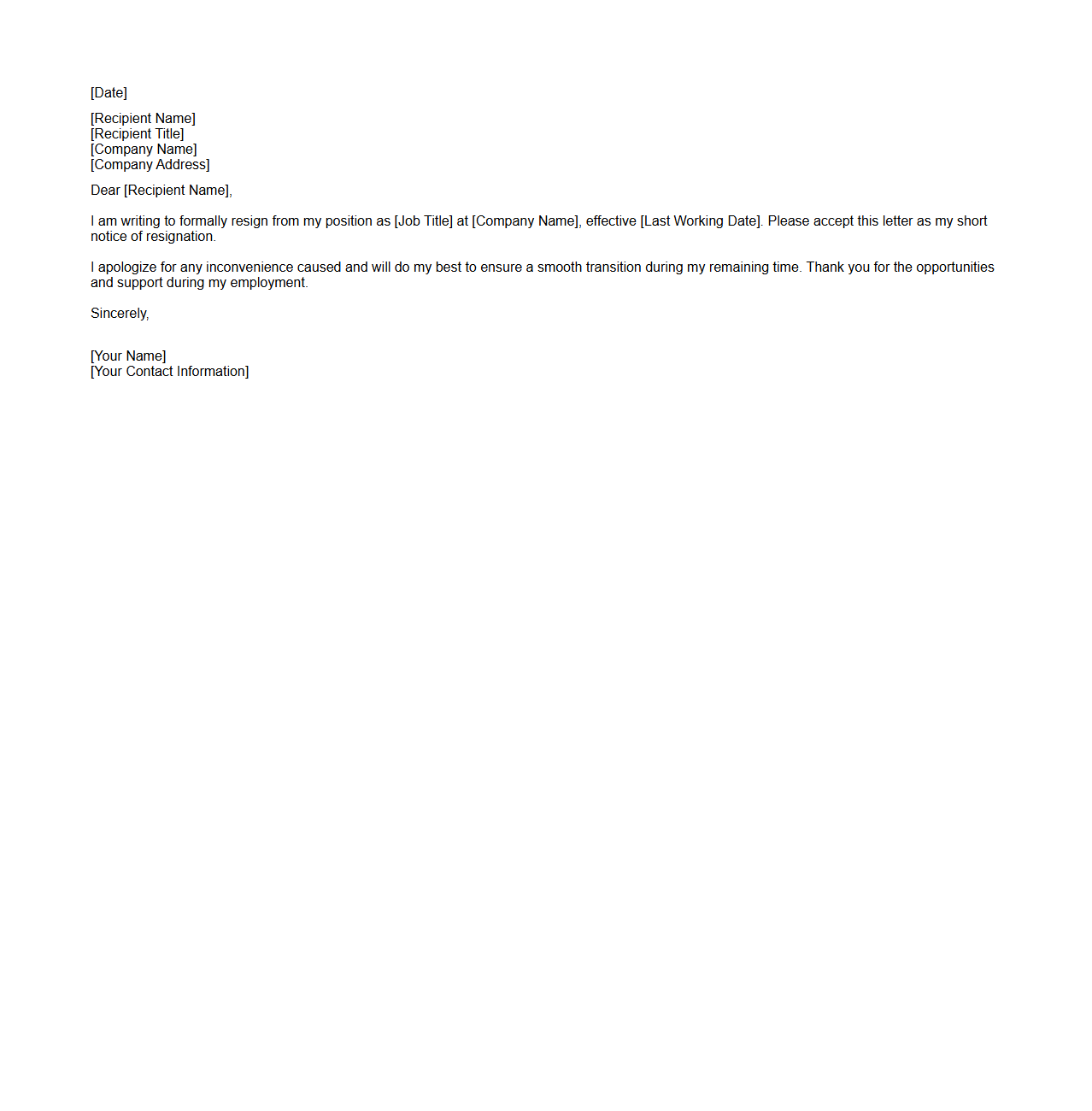 Blank Short Notice Resignation Letter Template