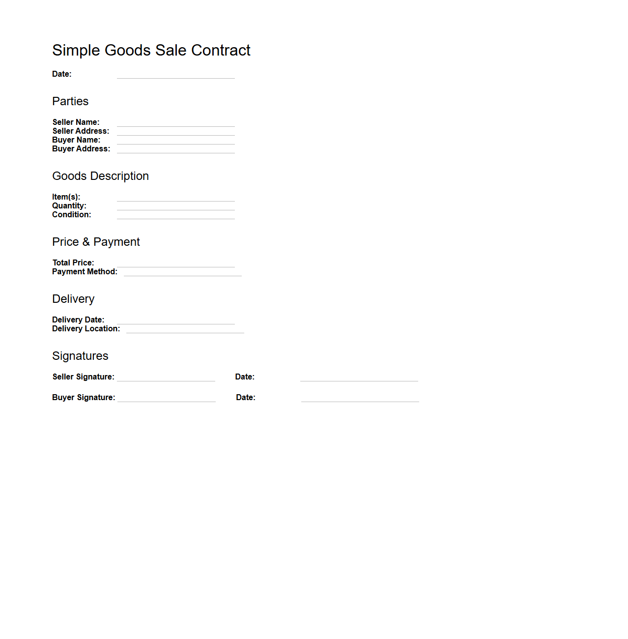 Blank Simple Goods Sale Contract Template
