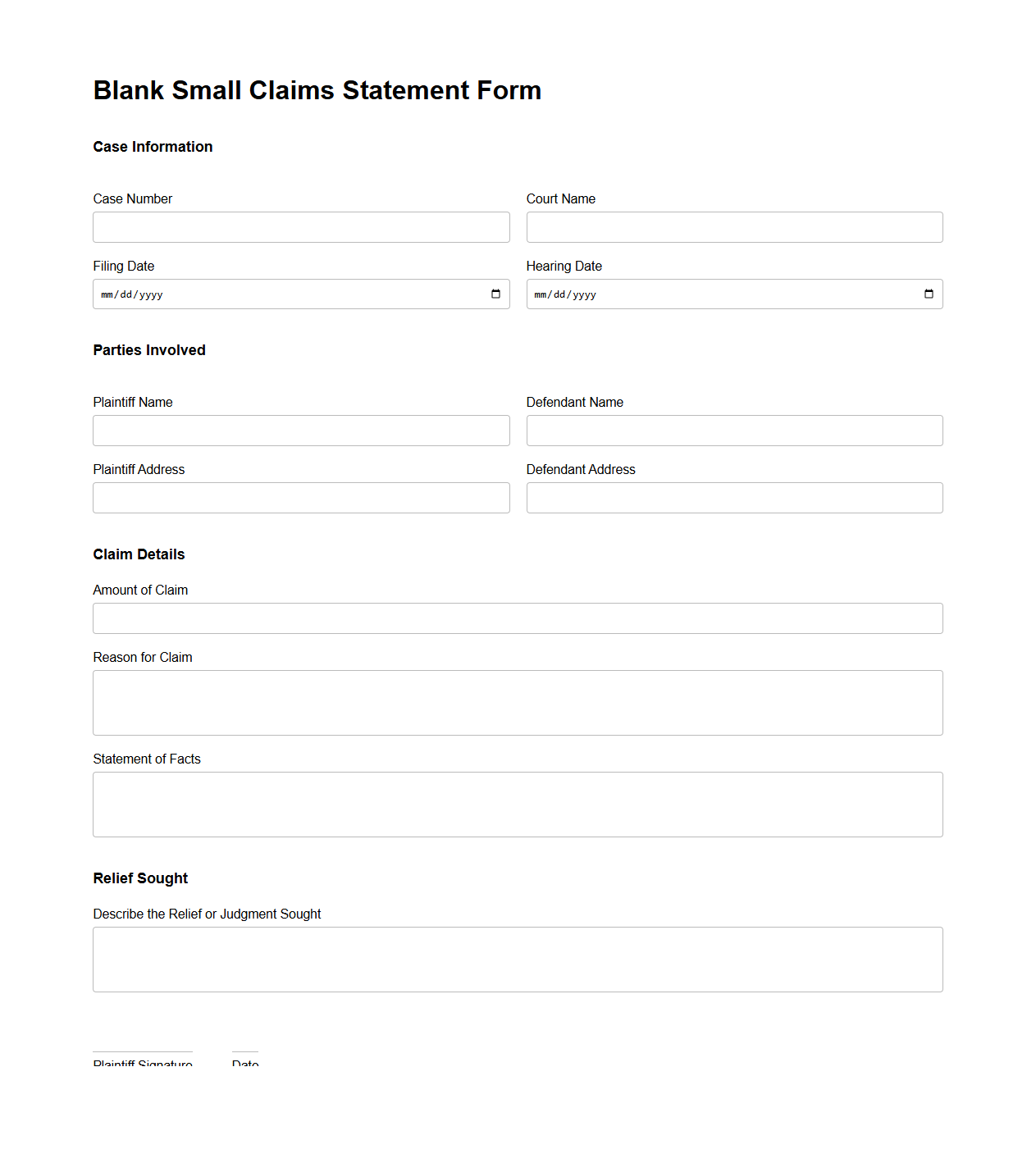 Blank Small Claims Statement Form Template